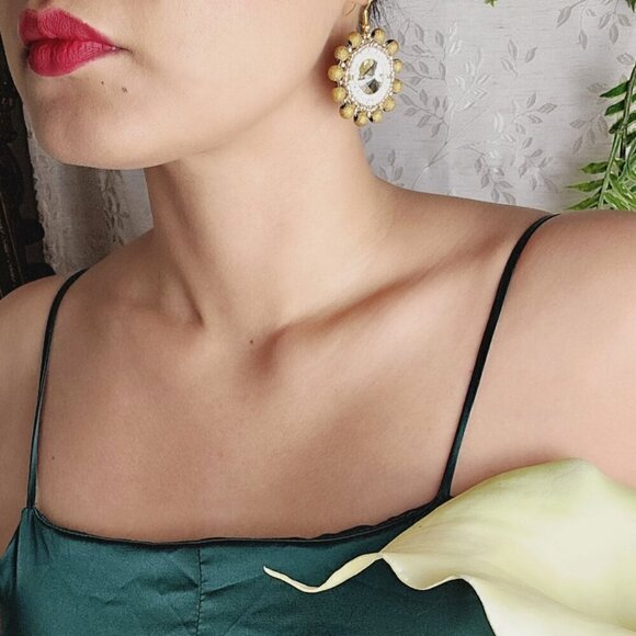 2/$27 | Gold Sparkle Shield Beaded Indigenous Native Hoop Earrings | Handmade - Picture 4 of 8